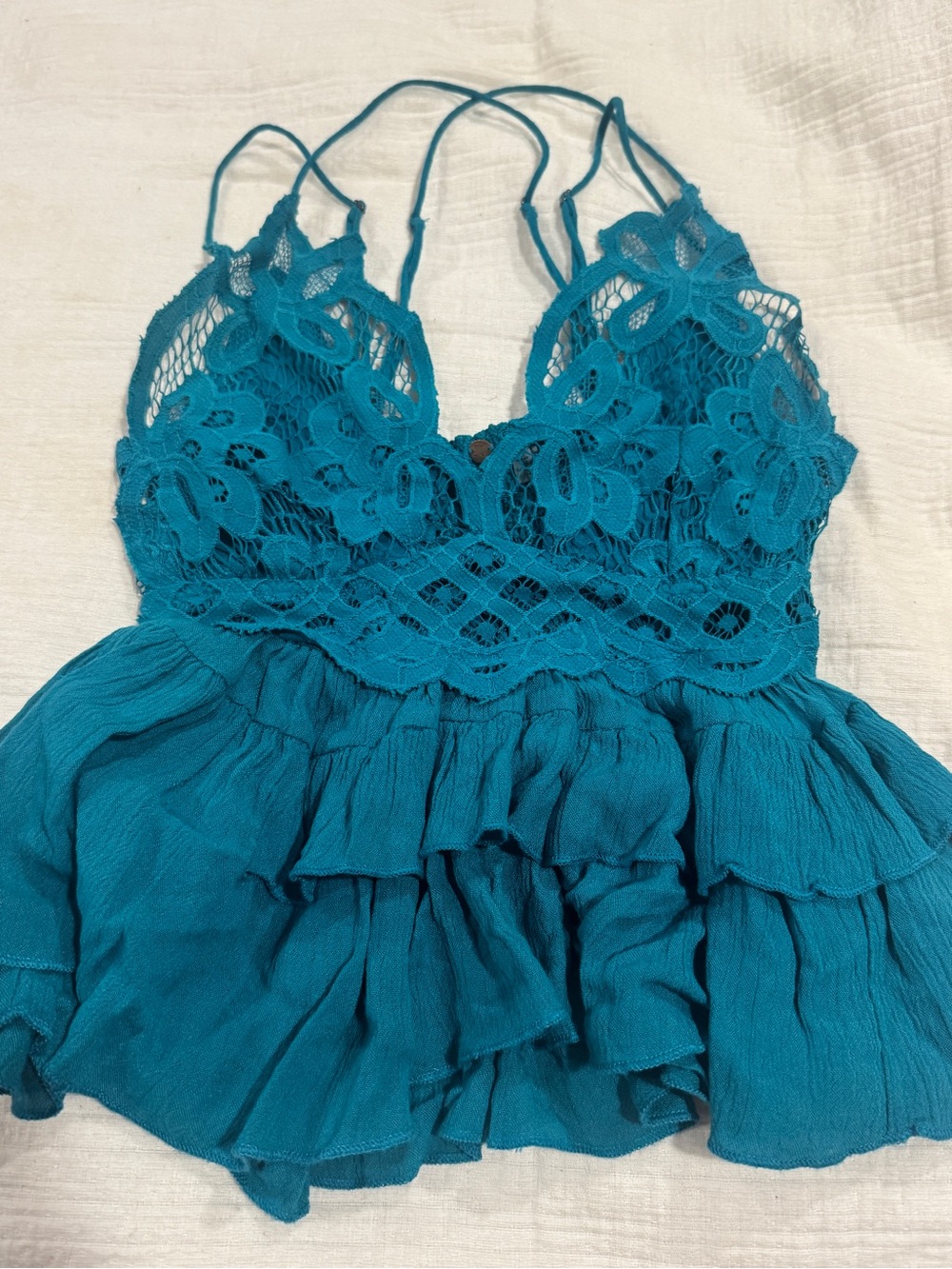 Lace Trim Teal Ruffle Tank Top